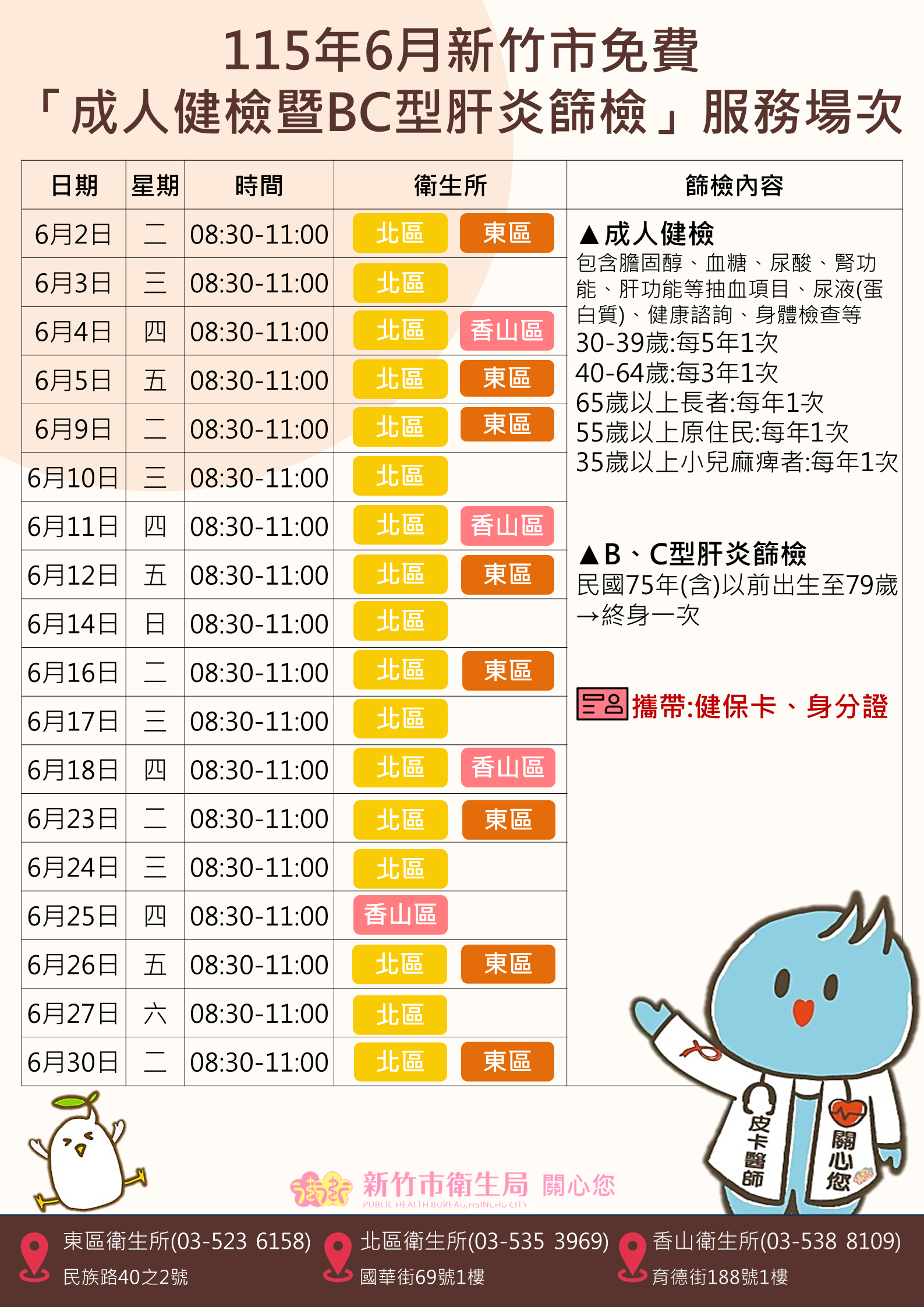 115年6月三區衛生所-成人健檢暨BC 型肝炎篩檢服務場次