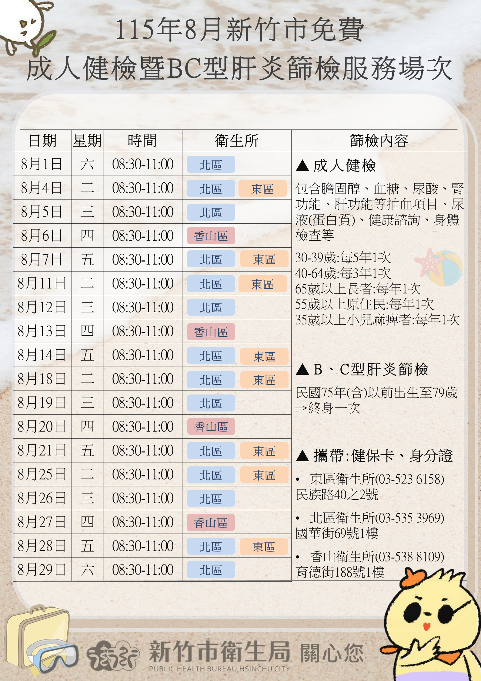 115年8月「成人健檢暨 BC 型肝炎篩檢」服 務場次